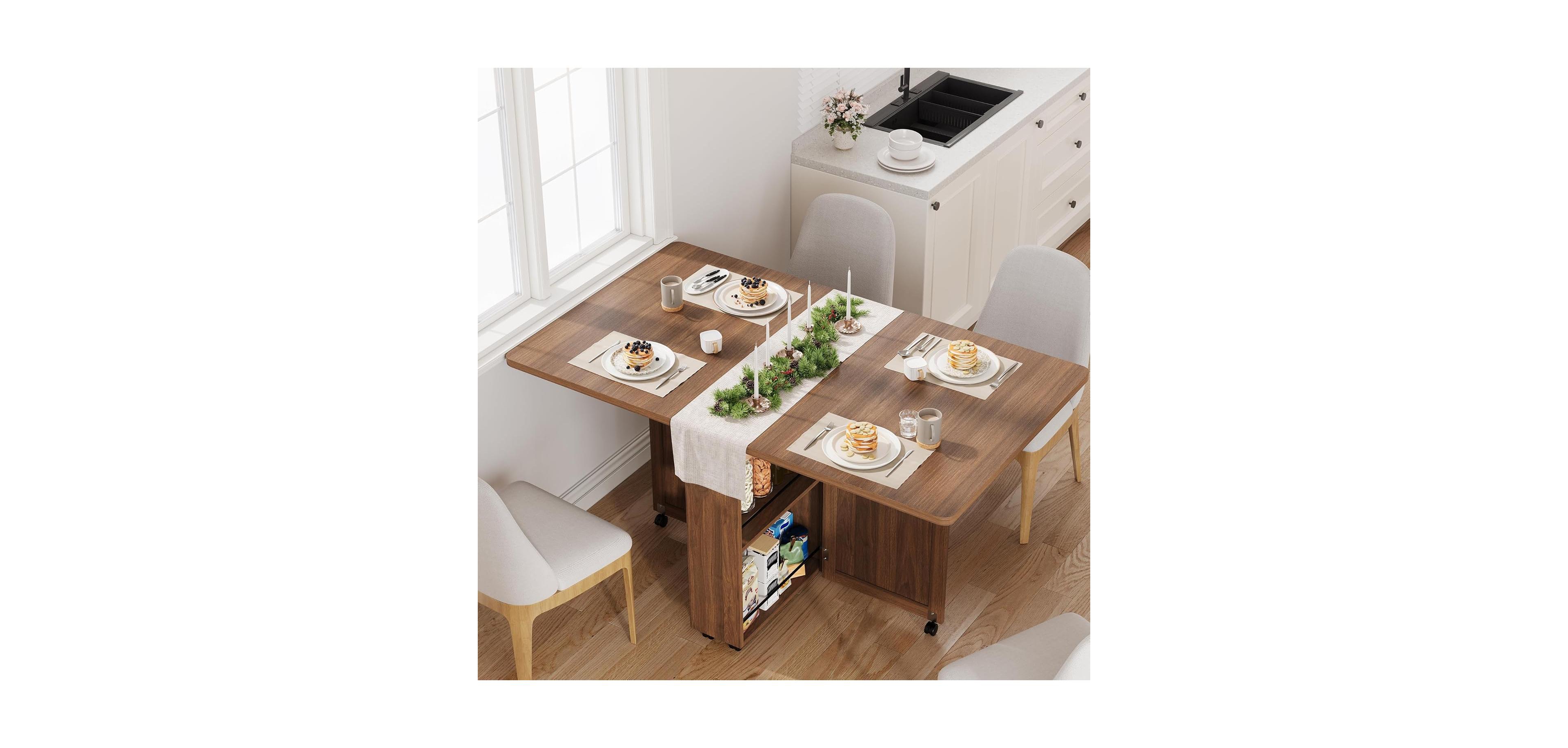 gaomon Space Saving Folding Dining Table with Storage - Kitchen 6 Wheels, Drawer & Shelves, Compact for Small Spaces