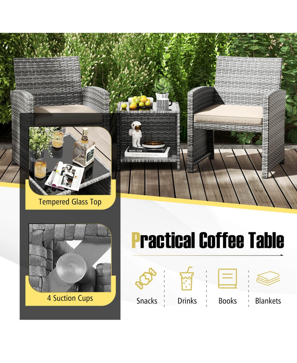 Costway 3 Pcs Patio Furniture Set with Tempered Glass Coffee Table & Soft Seat Cushions