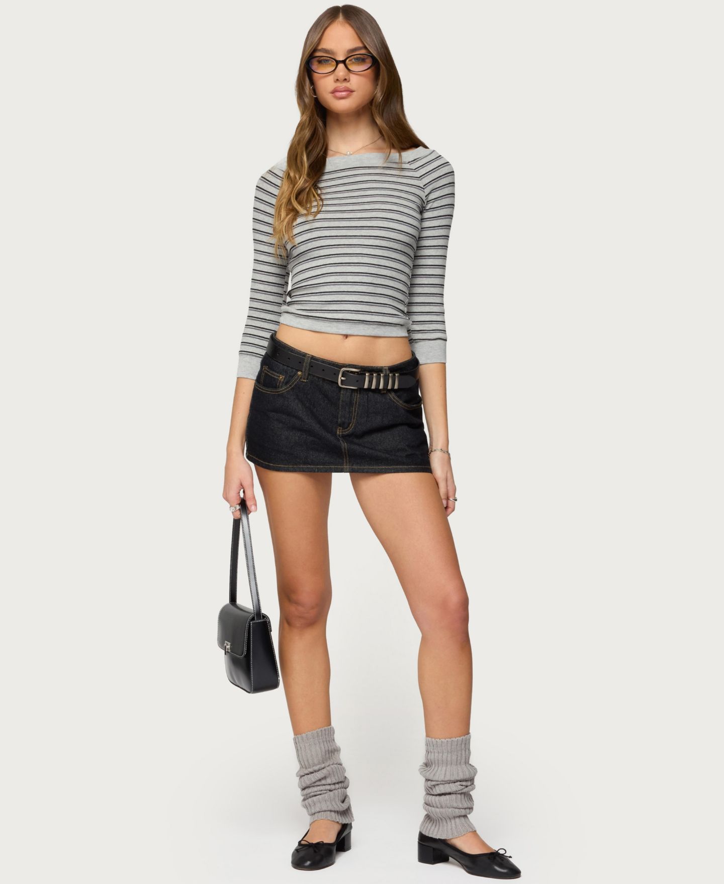 Женский топ Edikted Imelde Striped Boat Neck, цвет: Серый меланжевый — фото 5