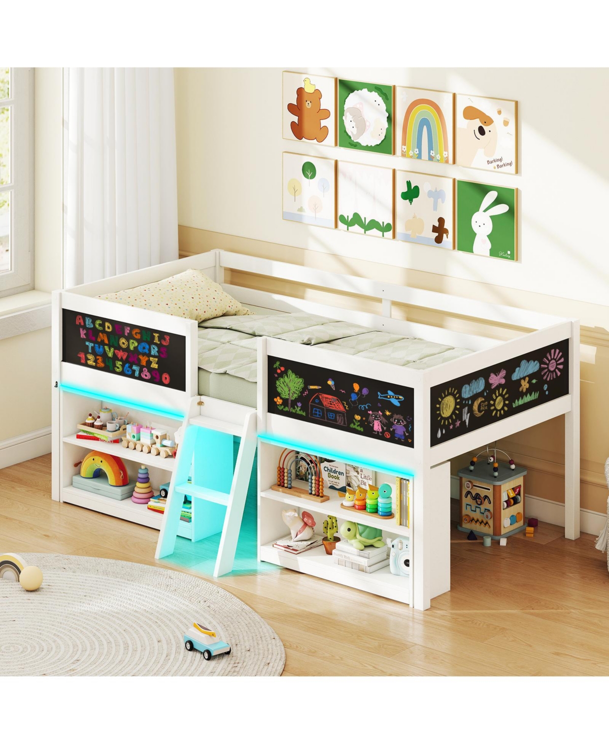 Slickblue Kids Low Loft Bed with Bookcases and Led Cabin Design