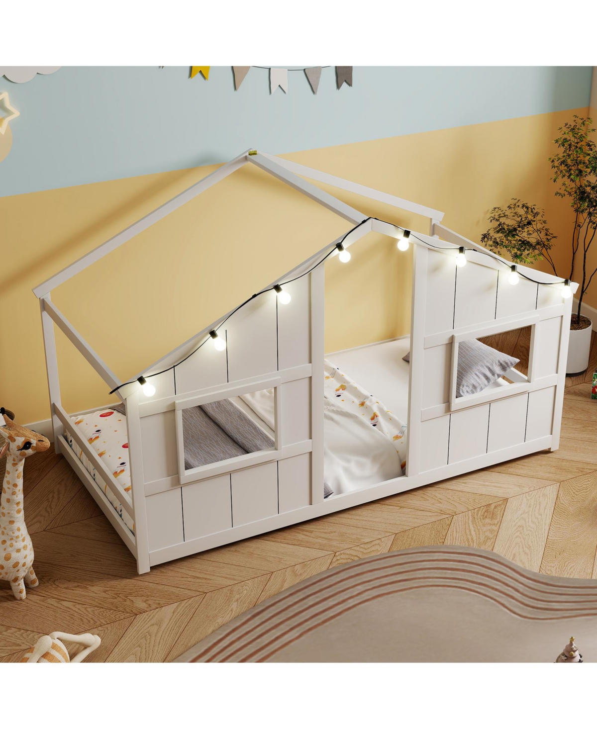 Slickblue Kids Twin Floor Bed, House-Shaped Design with Led Lighting