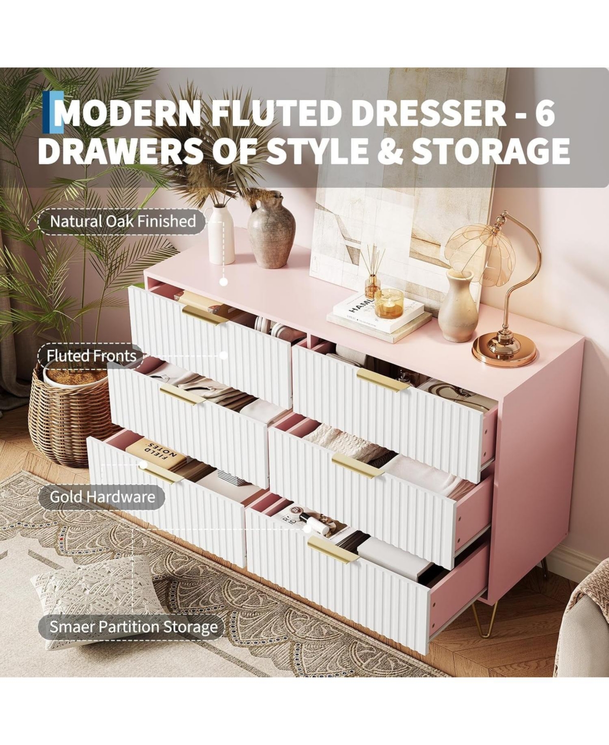 gaomon Fluted Dresser for Bedroom with 6 Drawers,47" Wide Modern Chest of Wooden Drawers with Metal Handle,Wide Clothes Storage Organizer