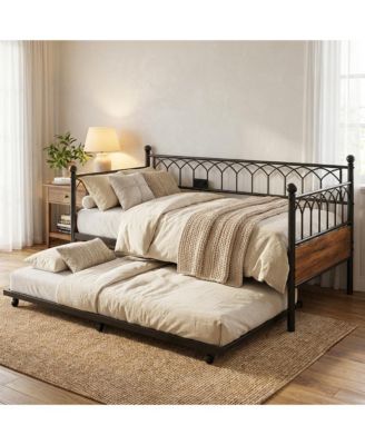 Twin Daybed with Trundle, Metal Sofa Bed Frame with Charging Station & LED Lights, Pull-Out Trundle for Bedroom, Guest Room, Small Spaces