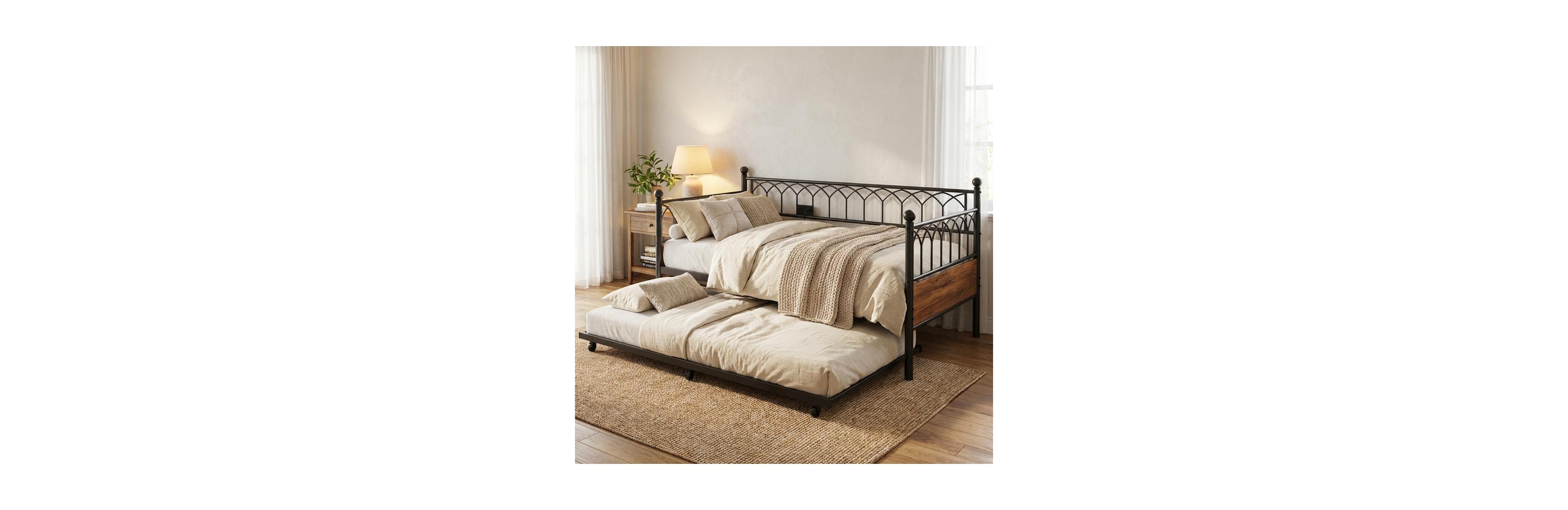 gaomon Twin Daybed with Trundle, Metal Sofa Bed Frame with Charging Station & Led Lights, Pull-Out Trundle for Bedroom, Guest Room