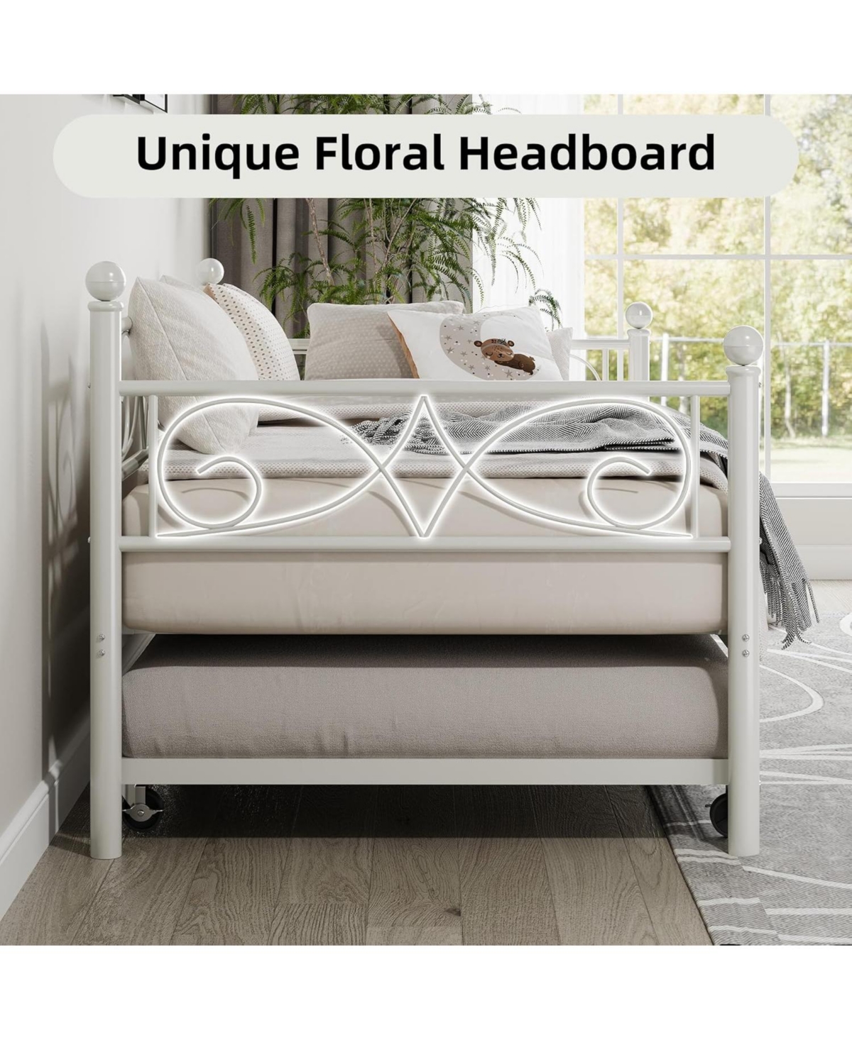 gaomon Twin Daybed with Trundle Bed, Space-Saving Metal Day Bed Frame with Floral Headboard and Heavy Duty Steel Slats