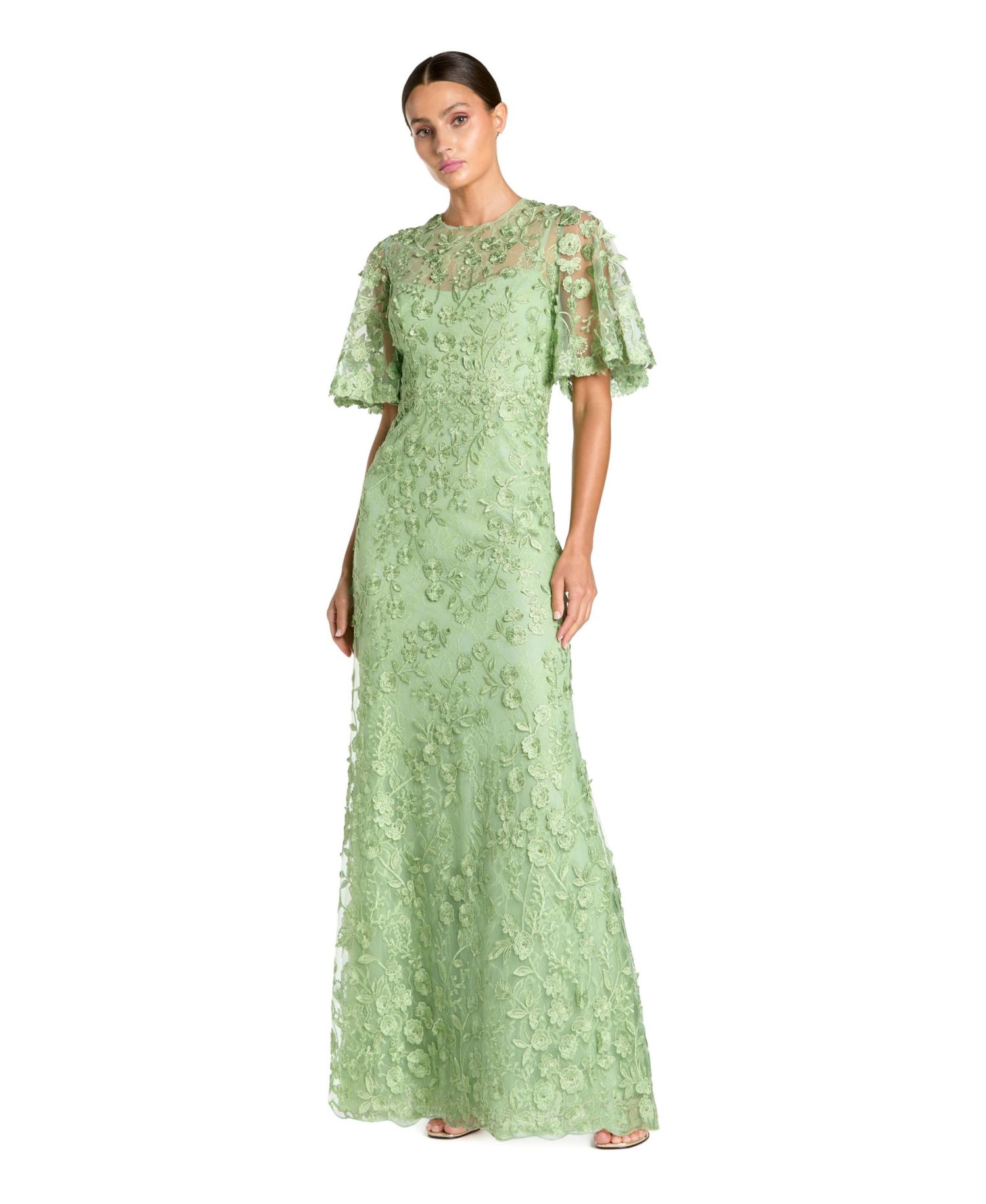 Women's Flutter Sleeve Floral Emboridered Net Gown