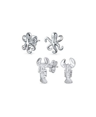 Set of 2 Nautical Ocean Marine Life Lobster and Octopus Stud Earrings Silver
