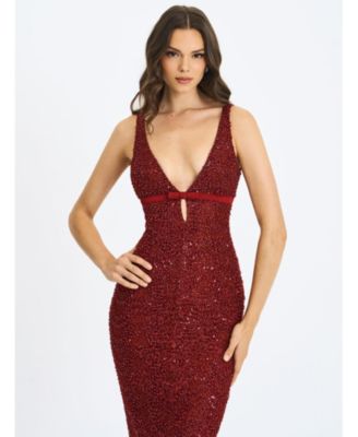 Women's Elora Crimson Sequin Beaded Keyhole Maxi Dress