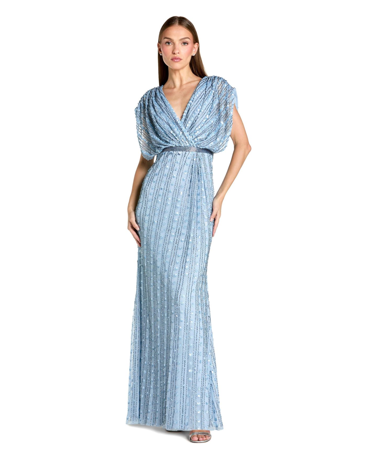 Женское платье Mac Duggal Beaded Mesh Blouson V Neck Column Gown, цвет: Барвинковый — фото 1