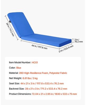 Chaise Lounge Cushion, Waterproof Fade-Resistant Outdoor Replacement Sun Lounger Cushion with Ties