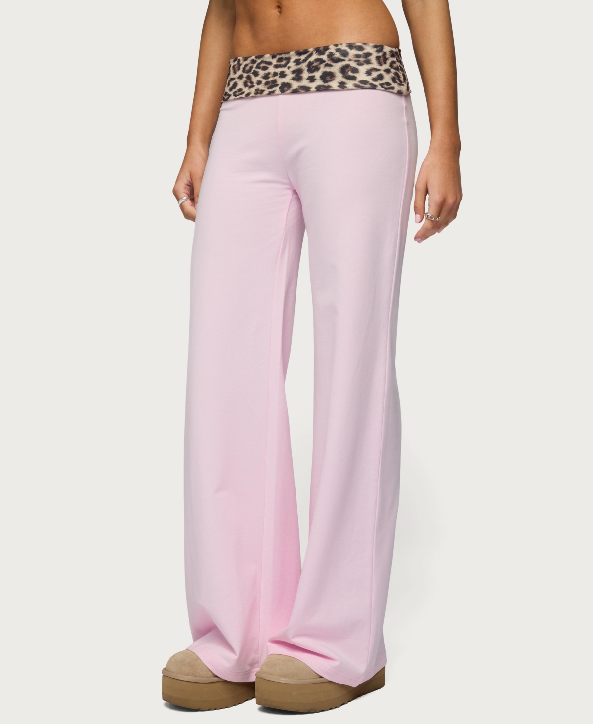 Edikted Womens Leopard Fold Over Pants