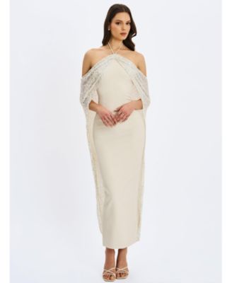Women's Quimera Almond Beaded Cape Halter Off-Shoulder Maxi Gown
