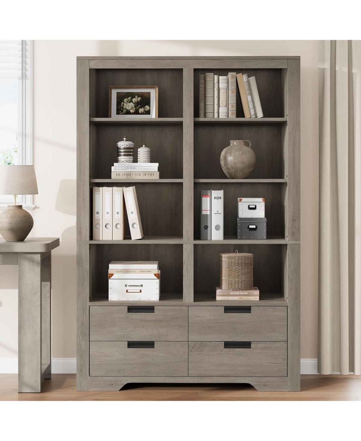 gaomon 72" Tall Bookshelf with 4 Drawers, Farmhouse 6-Tier Double Wide Bookcase Storage, Large Freestanding