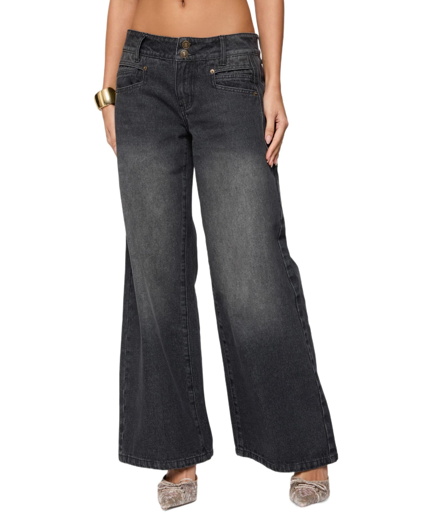 Женские джинсы Edikted Charlize Stitched Washed Low Rise Baggy, цвет: Чёрный потёртый — фото 1