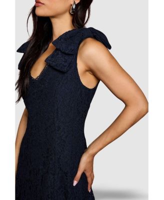 Women's Bow Shoulder V Neck Lace Midi Dress