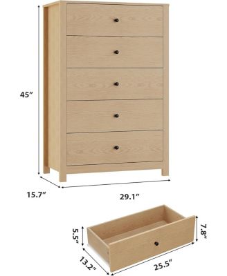 Modern 5-Drawer Dresser, Simple Wooden Chest with Deep Drawers, Space-Saving Storage for Bedroom, Living Room, Hallway