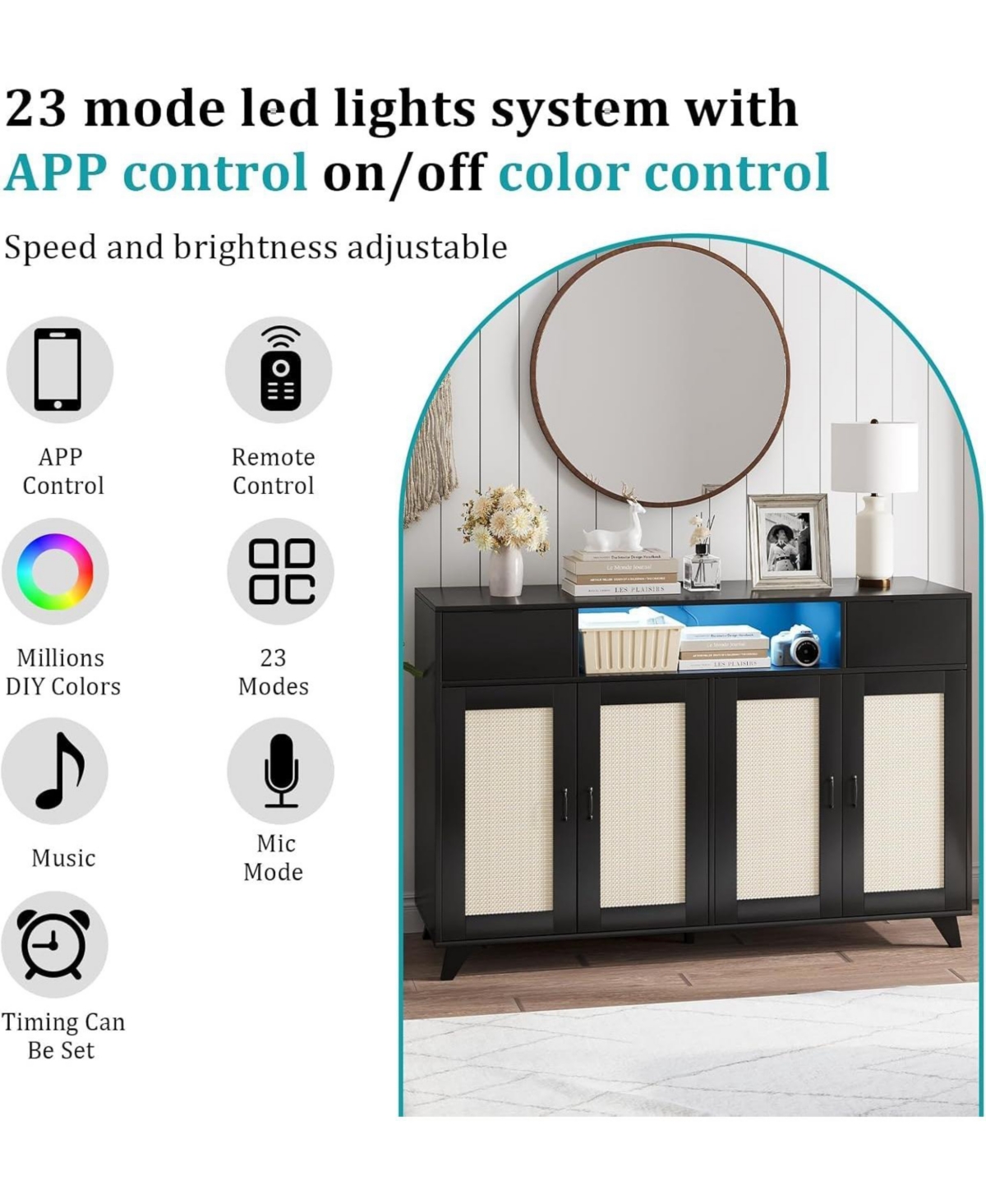 gaomon Rattan Sideboard Buffet Cabinet With Led Lights, 2 Drawers Doors Storage Cabinet, Modern Console Table Power Outlet & Adjustable Shelves