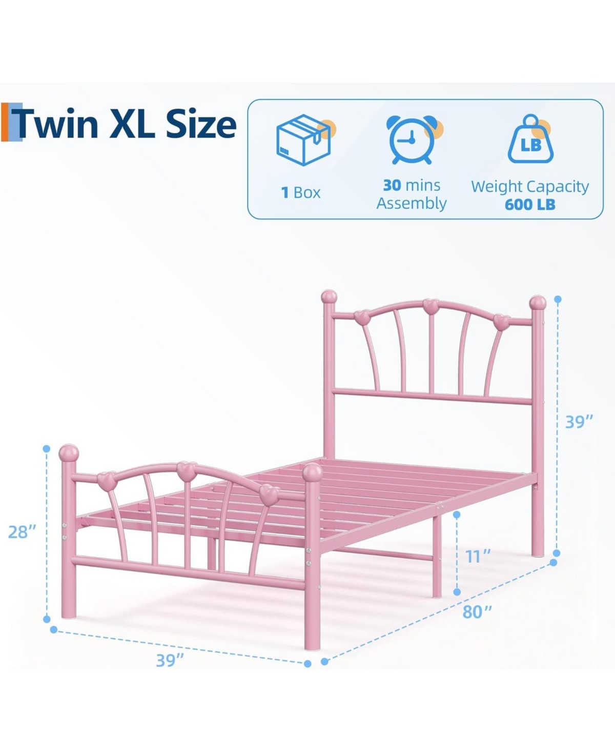 gaomon Twin Metal Bed Frame, Frames for Girls, Platform with Heart-Shaped Design Headboard&Footboard
