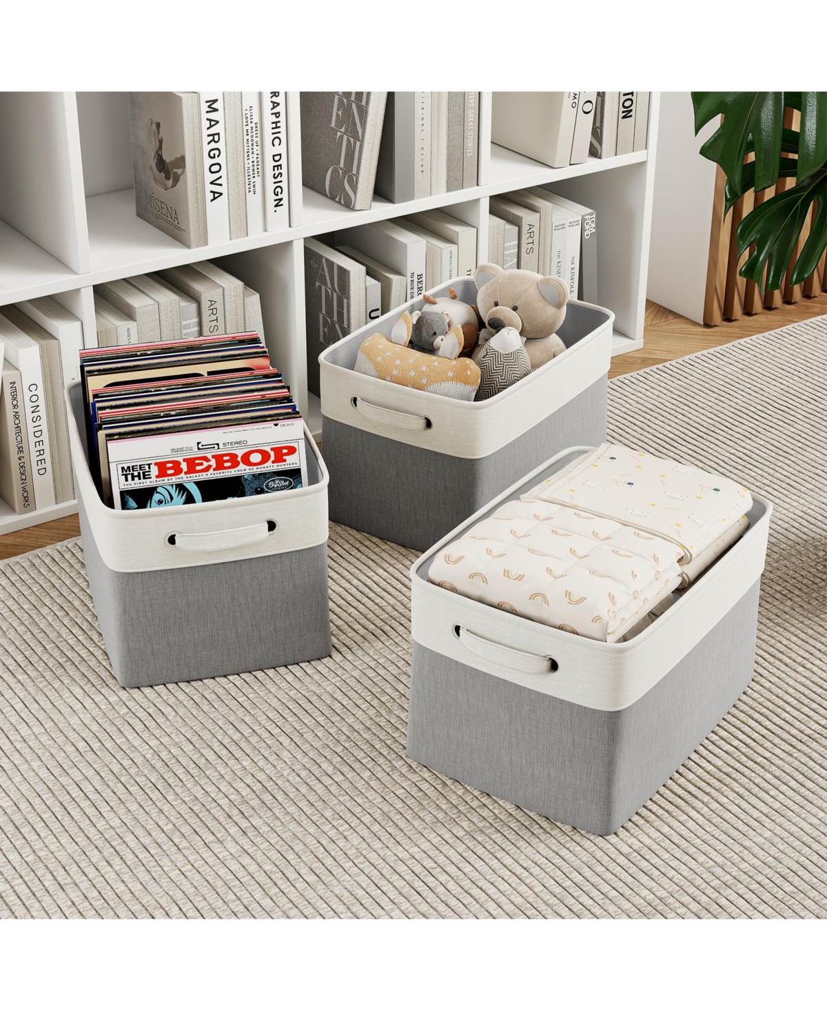 Sugift 4-Pack Collapsible Storage Baskets with Handles, Linen Fabric Organizer Bins with Metal Frame