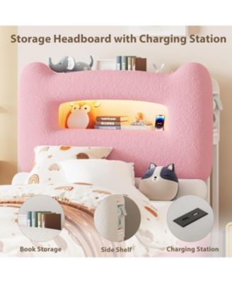 LED Full Bed Frame with 2-Tier Storage Headboard, Upholstered Platform Bed with Charging Station and Drawer, Metal Support