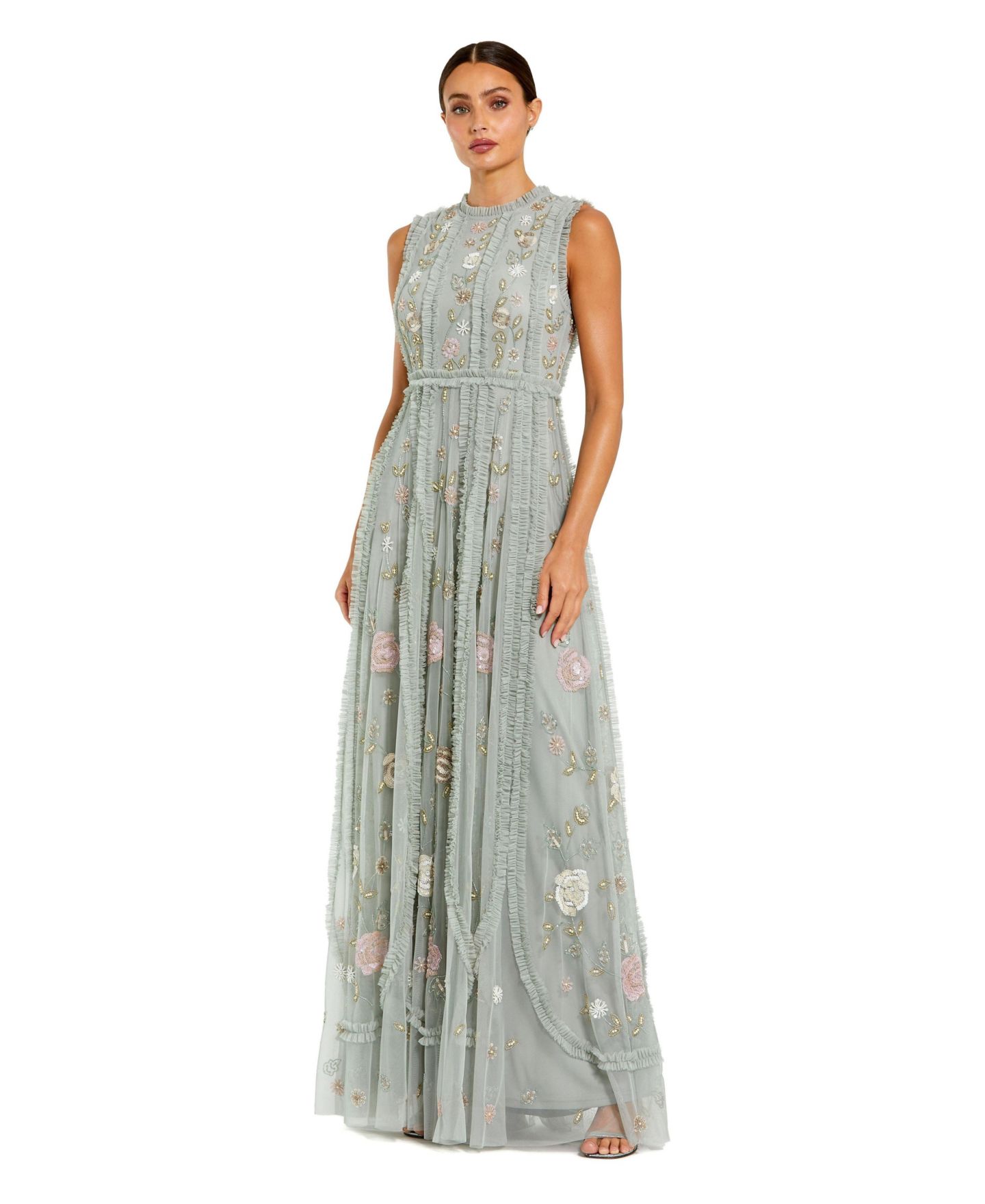 Женское платье Mac Duggal Petite Floral Embroidered Mesh A-Line Gown with Micro Ruffle Trim, цвет: Шалфейный разноцветный — фото 1