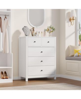 Dresser for Bedroom, Tall 5 Drawer Dresser with Deep Drawers & Metal Knobs, Modern Wooden Double Chests of Drawers for Kids Bedroom
