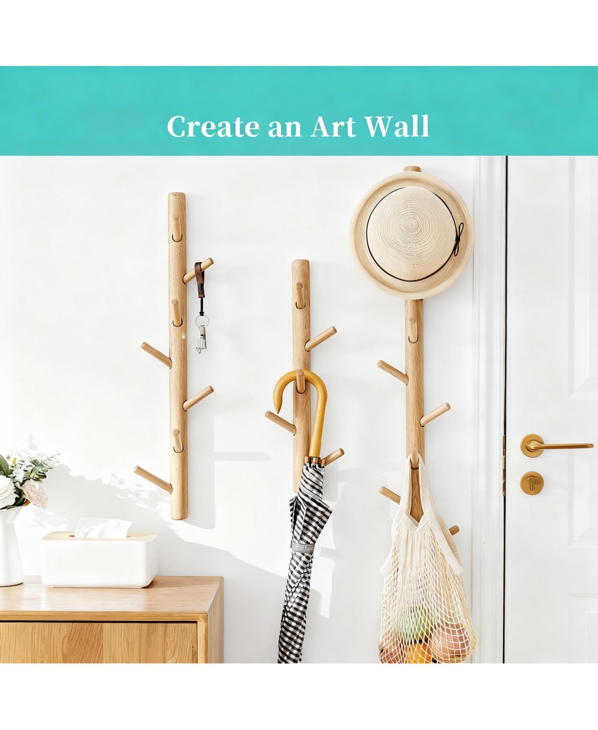 Yigii Oak Wood Wall-Mounted Coat Rack for Coats, Hats, Towels, Purse