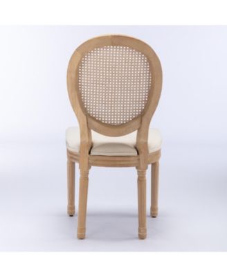 French Style Solid Wood Frame Dining Chair with Linen Fabric and Rattan Back Set of 2
