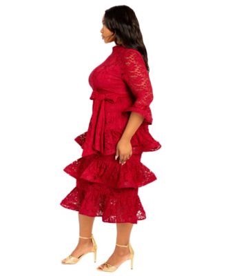 Plus Size Lace Bell Sleeve Tiered Dress