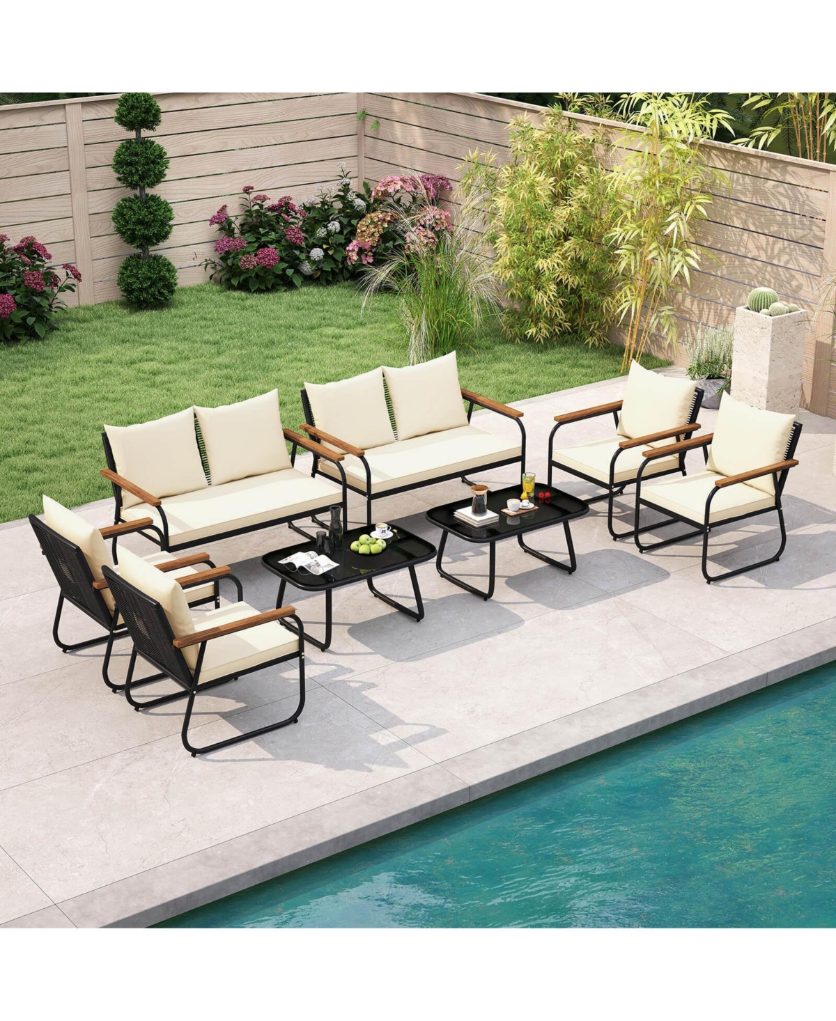 Patio Furniture Set with Tempered Glass Coffee Table Pe Wicker Rattan Chairs