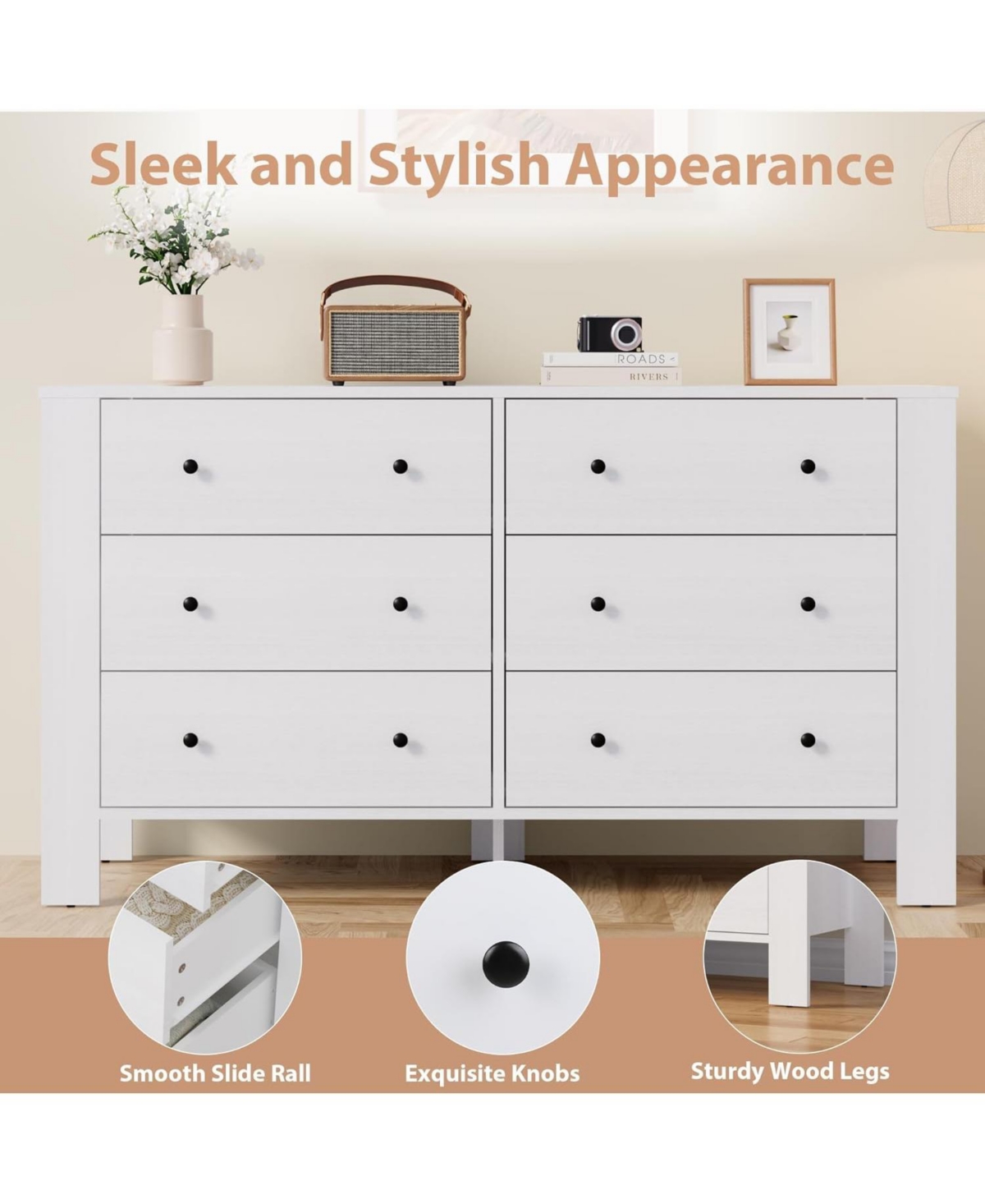 gaomon 6 Drawer Dresser for Bedroom, Modern Wide Dresser Organizer with Storage Drawers, Wooden Chests of Drawers for Bedroom, Entryway, Hallway, Home