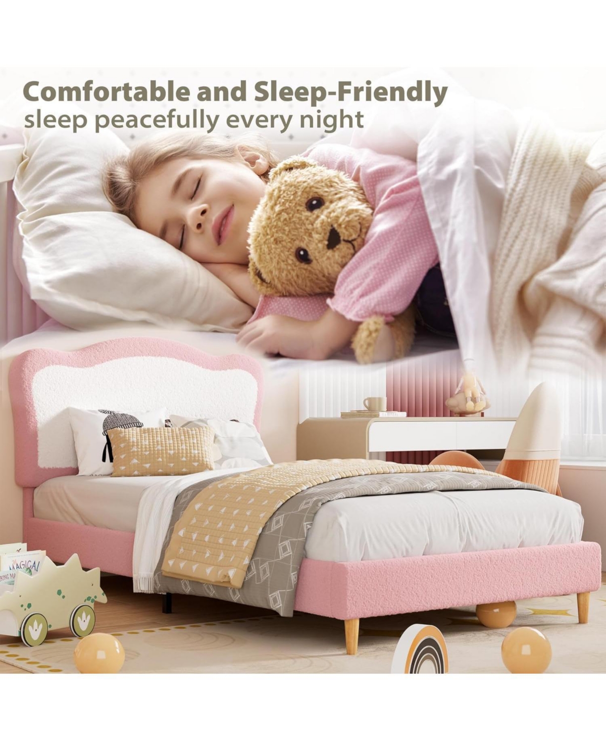 gaomon Bed Frame for Kids, Boucle Upholstered Platform Bed with Headboard for Girls Boys, Wooden Slats Support
