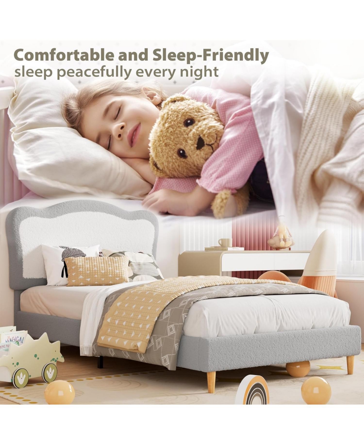 gaomon Bed Frame for Kids, Boucle Upholstered Platform with Headboard Girls Boys, Wooden Slats Support