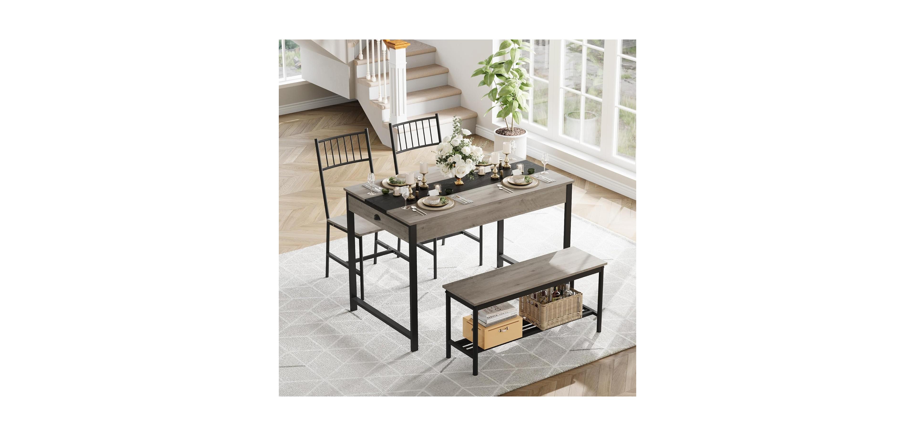 gaomon Dining Table Set for 4, Small Kitchen and 2 Chairs 4 with Bench, Breakfast Nook Rectangular Farmhouse