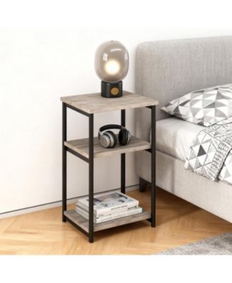 Slim 3-Tier End Table with Storage Shelves, Narrow Mobile Side Table for Small Spaces, Industrial Wood & Metal Sofa Table, Record Player St