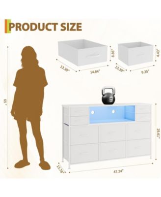 10 Fabric Drawers Dresser, Entertainment Center TV Stand with Power Outlet & LED Light for 45"-55" TV, Chest of Drawers for Bedroom