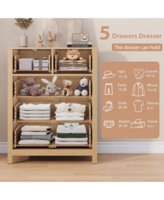 Natural Oak Dresser for Bedroom, Tall 5 Drawer Dresser with Deep Drawers & Metal Knobs, Modern Wooden Double Chests of Drawers for Kids Bedroom