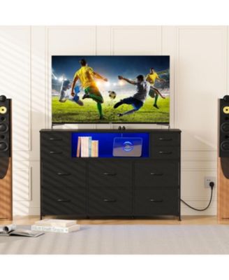 10 Fabric Drawers Dresser with LED Lights, Entertainment Center with Charging Station, Wood Top, Open Shelves, TV Stand for 40"-55" TV