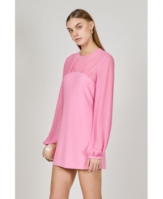 Women's Mixed Media Mini Dress with Puff Sleeves