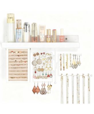 4-in-1 Wall Hanging shelves: Wood Shelf, Ring Box, Peg Board, Rotating Necklace Rack