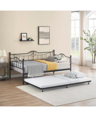 Modern Twin Daybed with Trundle and Backrest, Metal Sofa Bed Frame with Steel Slat Support and Art Sweet Heart Design,for Living Room