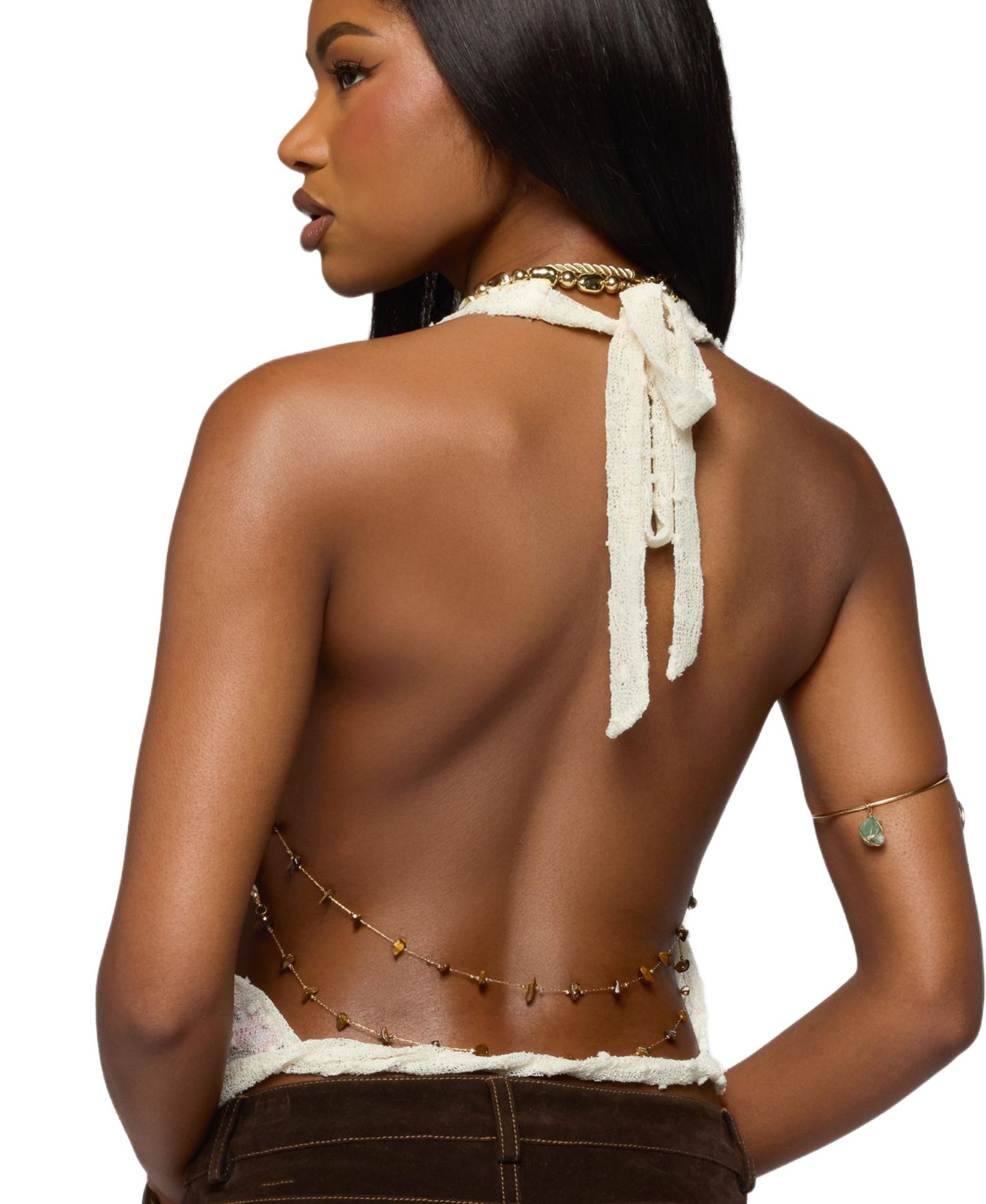 Женский топ Edikted Textured Backless Bead Chain Halter, цвет: Бежевый — фото 2