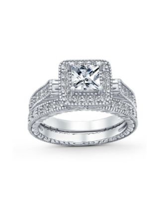 Art Deco Style Cubic Zirconia Halo CZ Square Princess Cut Solitaire Ring Set with Band Sterling Silver