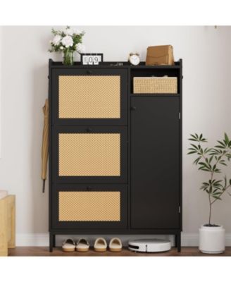 Shoe Cabinet Rattan with 3 Flip Drawers and 4-Tier Shoe Storage Cabinet, Freestanding Shoe Organizer with Adjustable Shelves for Entryway