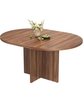 43.3"–59" Extendable Round to Oval Hidden Storage Dining Table – Modern Cross Base Design