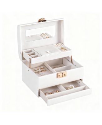 Leather Jewelry Organizer with 3 Drawers, Mirror, and Lock