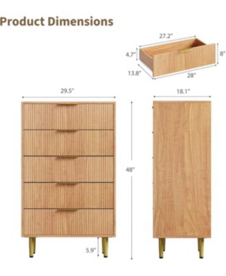 5 Drawer Dresser for Bedroom, 29.5" Wood Chest of Drawers, Fluted Dresser with Metal Handle, Large Capacity Organizer for Hallway