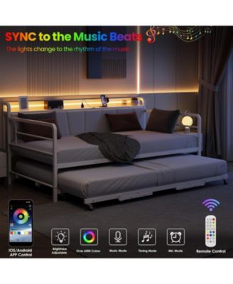 Daybed with Trundle and LED Light, Sturdy Metal Twin Size Bed Frame with Linen Upholstered Headboard and Charging Station, for Living Room