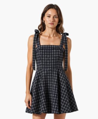 Women's Tweed Plaid Tie-Strap Square Neck Mini Dress