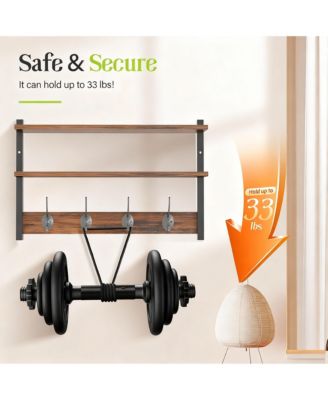Two-Tier Wall Rack, 17" Shelf, 4 Hooks, Heavy Duty
